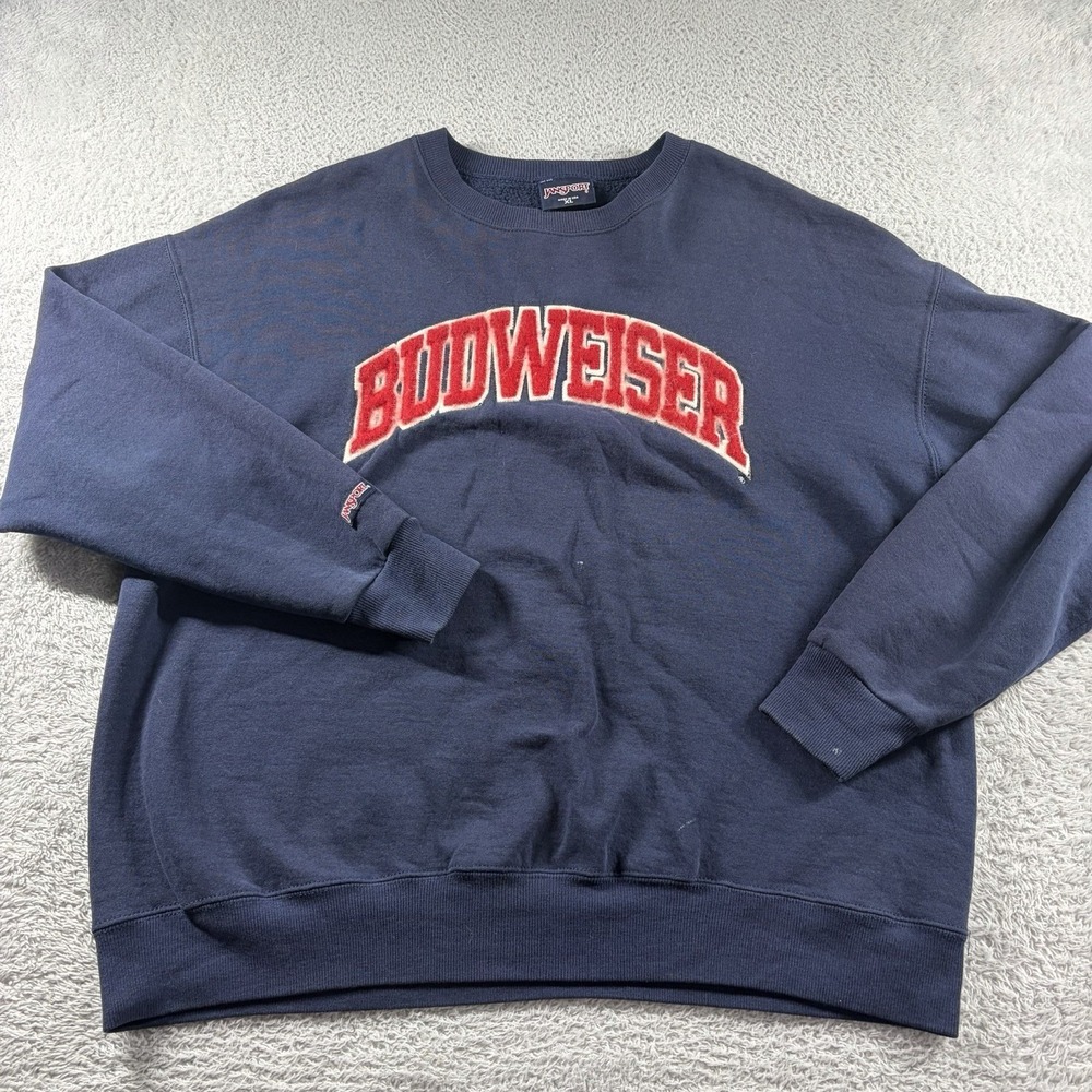 Vintage Jansport Budweiser Crewneck‎ Sweater Mens XL Blue Made in USA